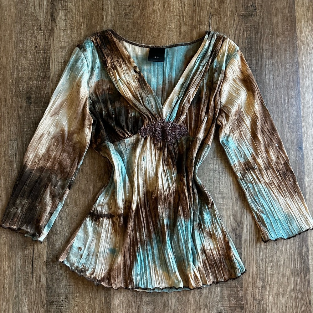 Y2K glimmer beaded and sequins earth tone brown/ blue long sleeve top